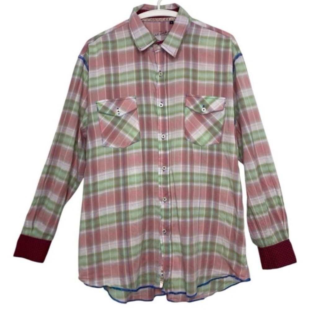 Arnold Zimberg Size Large Shirt Button Mens Lightweight Pink Green Plaid Cotton